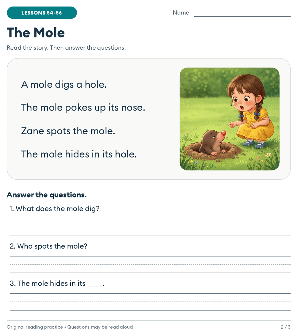 Decodable passage with magic e words: The Mole, four sentences, a picture of a girl spotting a mole in the grass, and three comprehension questions with write-in lines