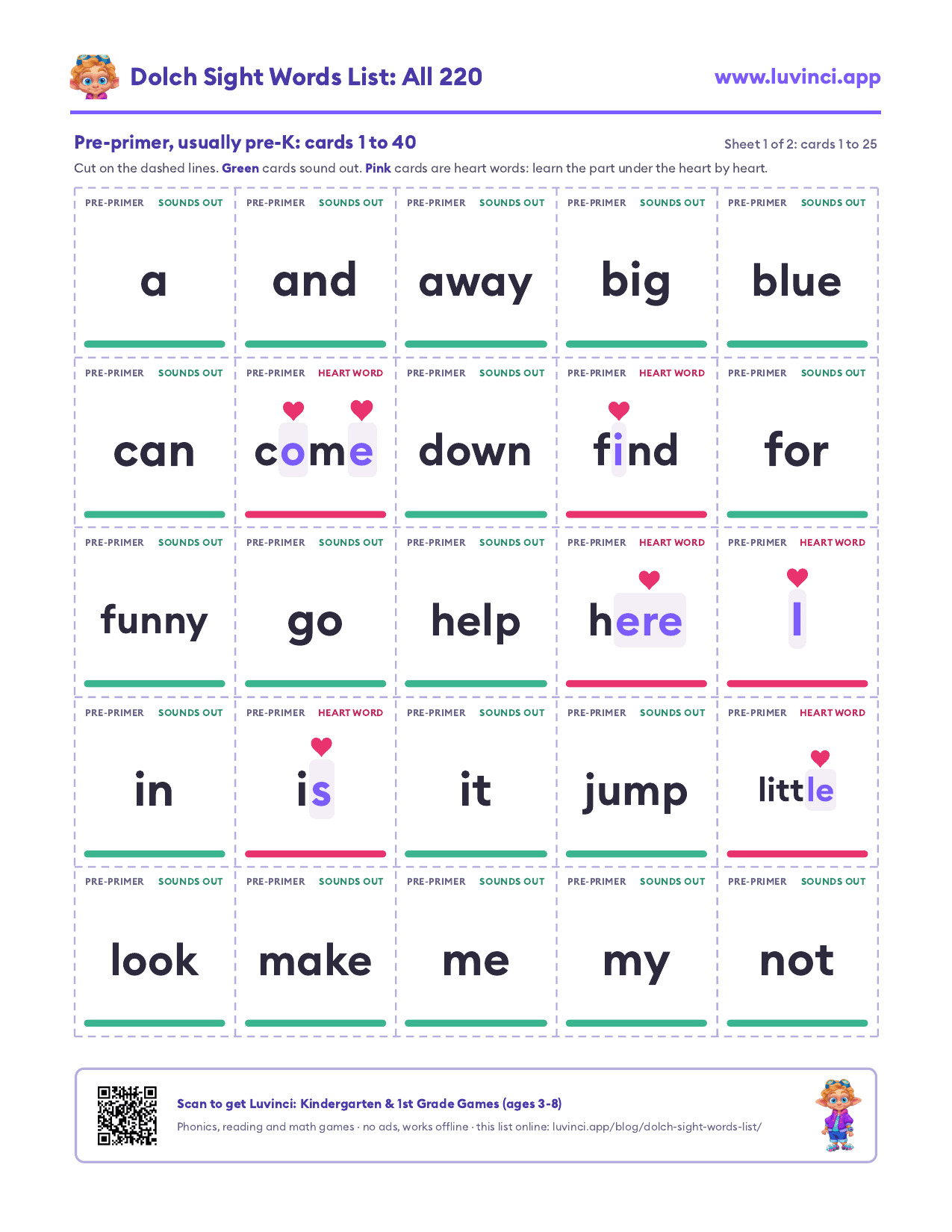 First page of the Dolch sight words list PDF: 25 pre-primer cut-out cards, a to not; green cards sound out, pink cards are heart words