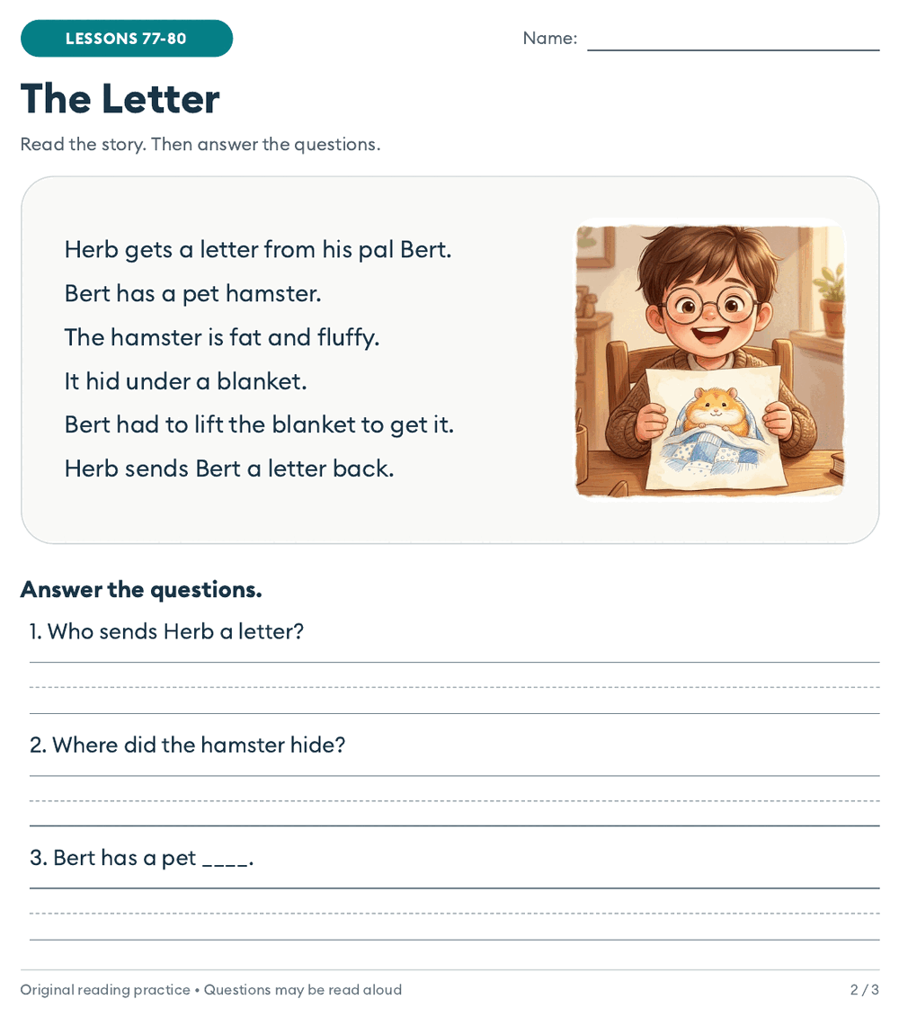The Letter: a six-sentence story with bossy r words about a pet hamster hiding under a blanket, with a picture and three questions