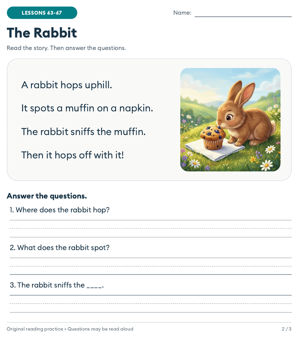First grade reading comprehension worksheet The Rabbit: four sentences with two-syllable words like rabbit, muffin and napkin, a picture of a rabbit sniffing a muffin, and three questions