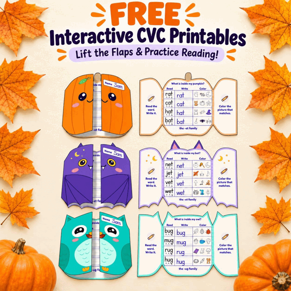 Free interactive CVC printables: a pumpkin, a bat and an owl craft with doors that open over -at, -et and -ug words to read, write and color