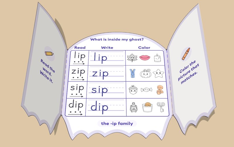 Ghost word family craft open: What is inside my ghost? with lip, zip, sip and dip to read, write and color