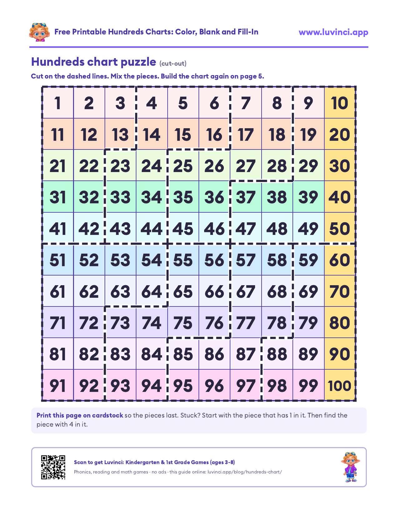 Hundreds chart puzzle cut into 8 pieces: the color 1 to 100 chart with thick dashed cut lines along the cell edges