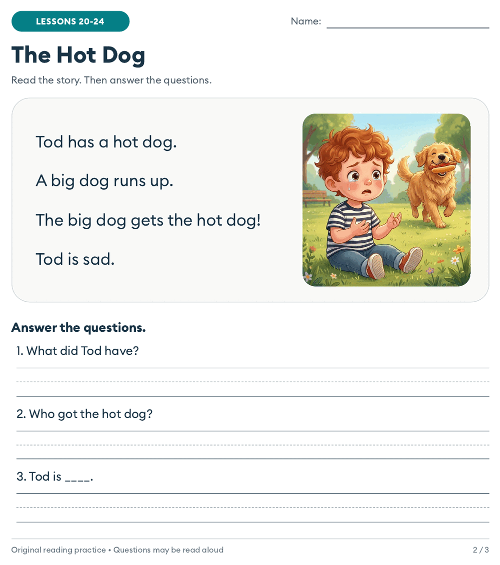 Kindergarten reading worksheet: The Hot Dog, a four-sentence story with a picture of a crying boy and a dog carrying off his hot dog, and three comprehension questions