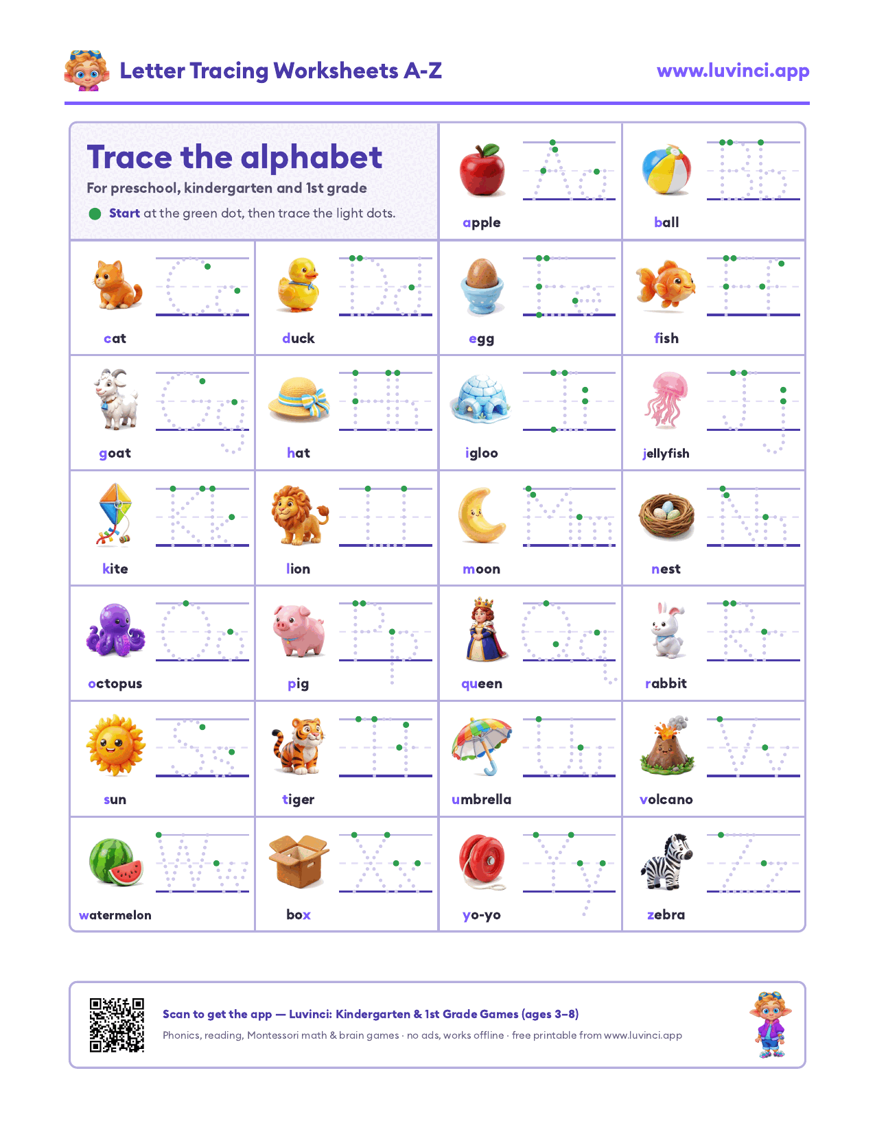 Alphabet tracing worksheet: 26 pictures from apple to zebra, each with a capital and lowercase letter in light dots and a green start dot