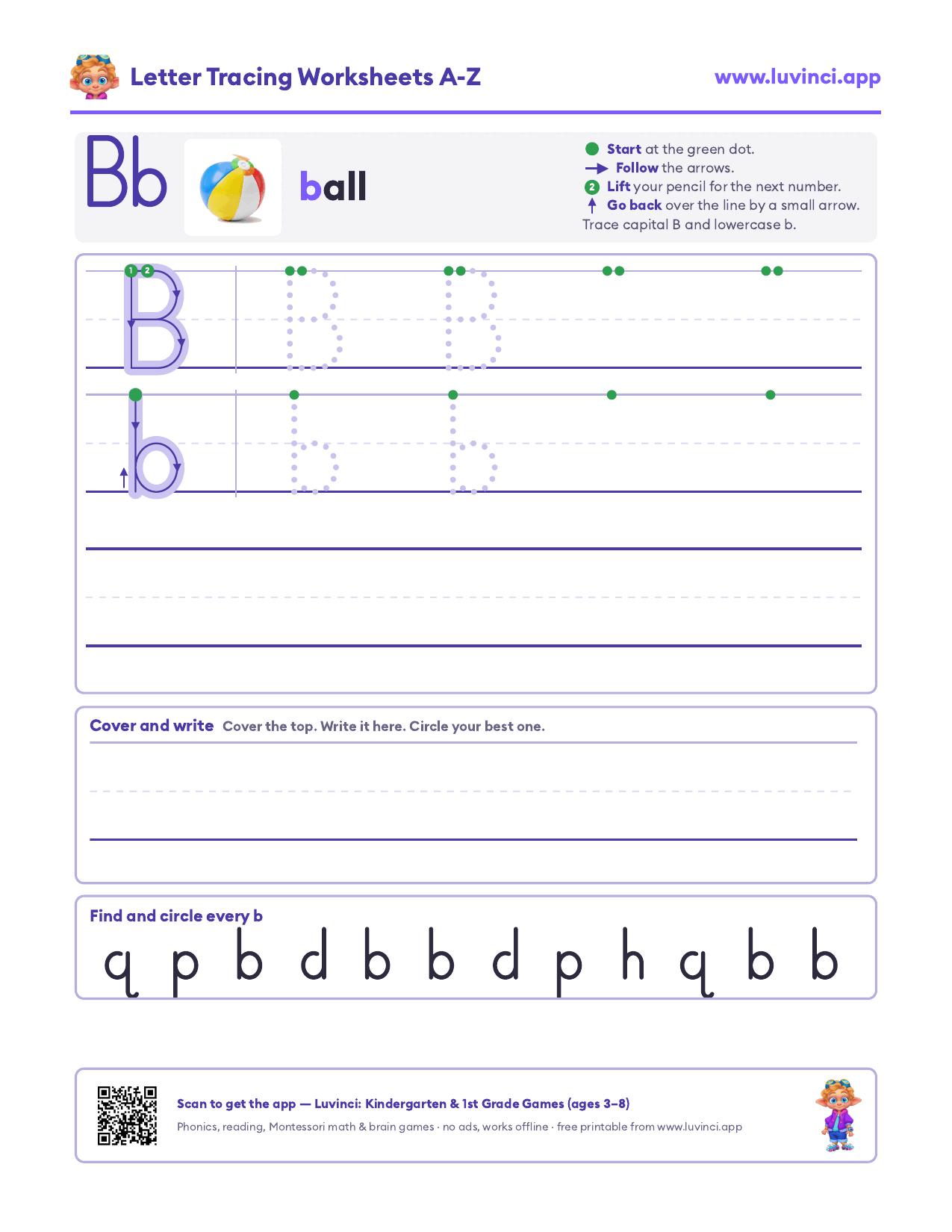 Letter b tracing worksheet: a ball picture, a capital B and lowercase b with numbered green start dots and arrows, light dotted rows and a row to write it alone