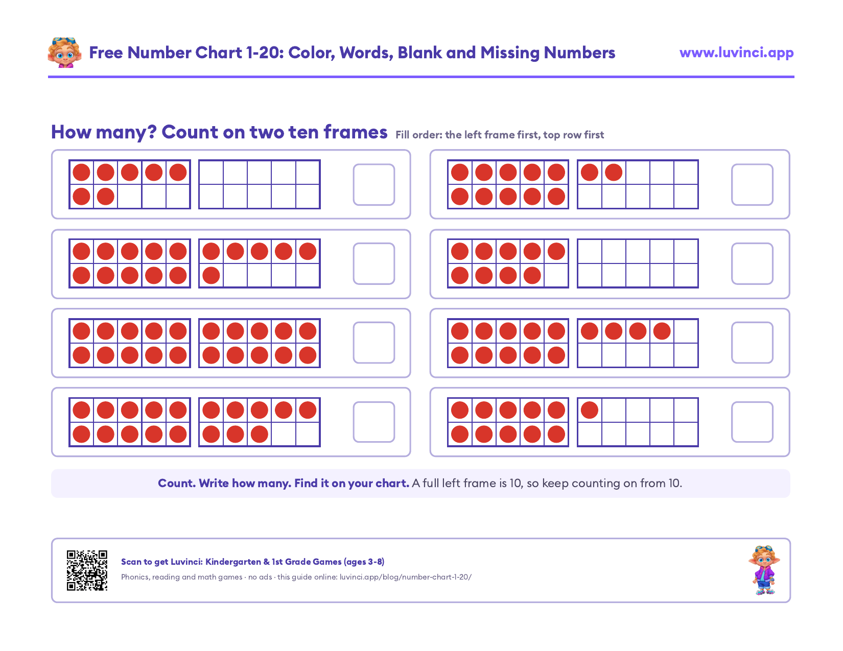 Count the counters on two ten frames and write how many: eight counts from 7 to 20, the left frame filled first