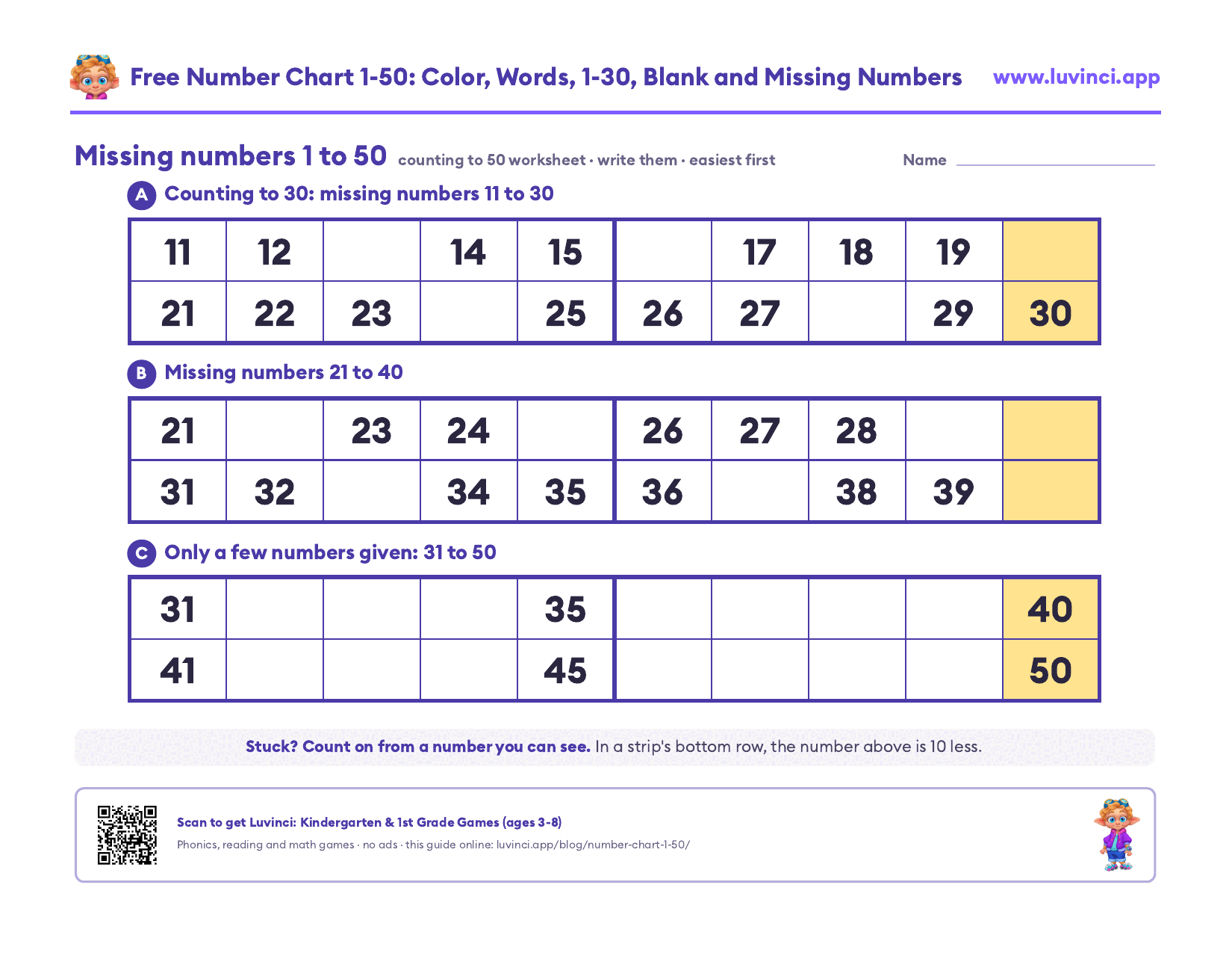 Counting to 50 worksheet: three strips of missing numbers, 11 to 30, 21 to 40 and 31 to 50, easiest first