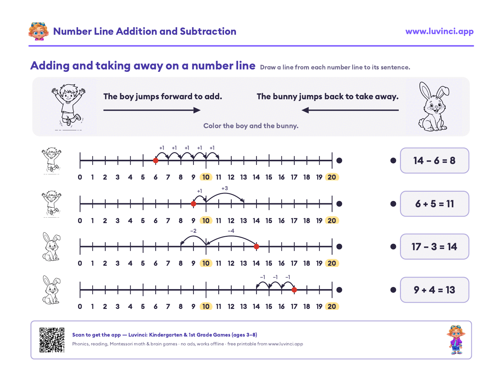 Number line addition and subtraction worksheets: match four jumps forward and back on 0-20 number lines to their number sentences