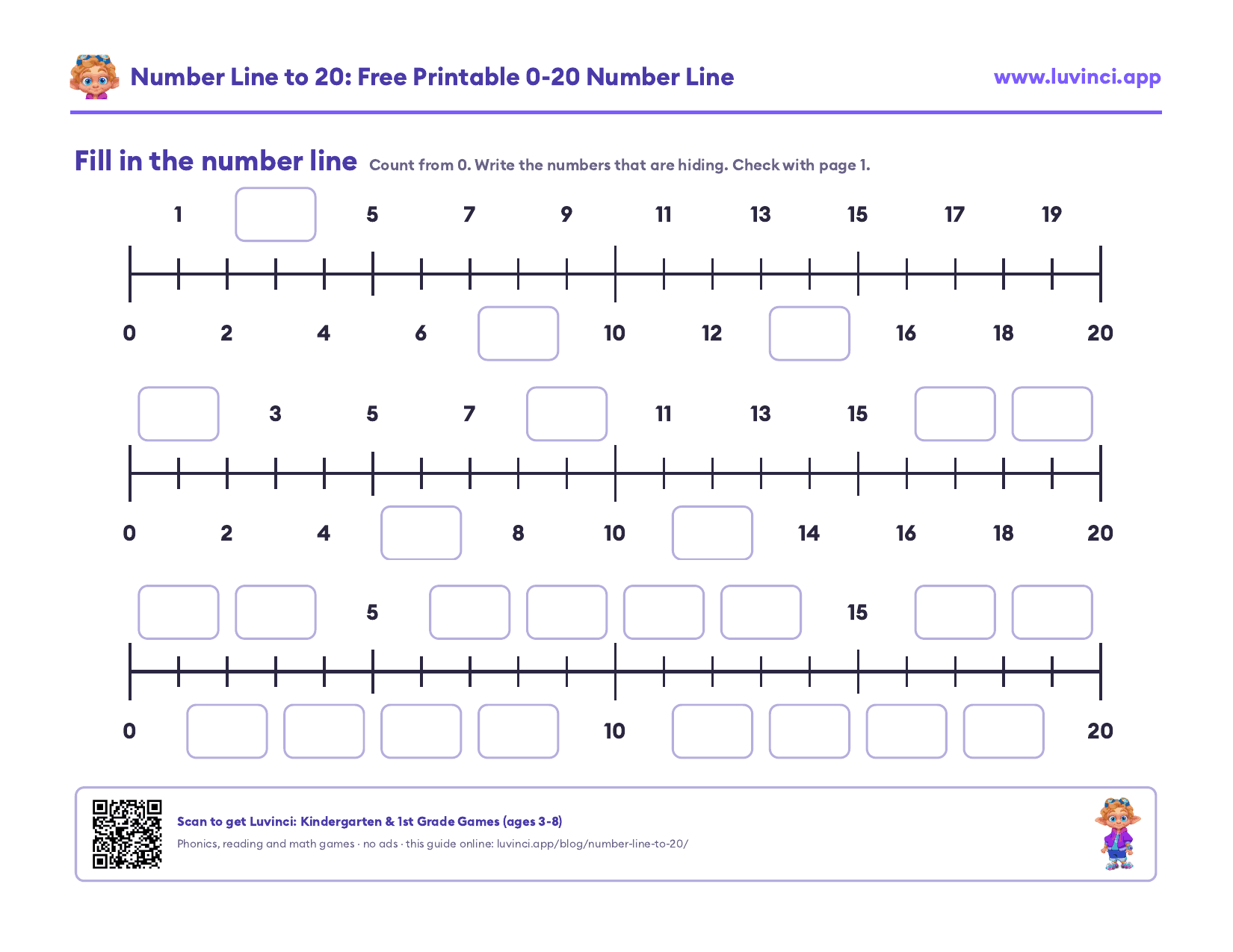 Missing numbers on a number line: three 0-20 lines with write boxes above and below the line for the hidden numbers
