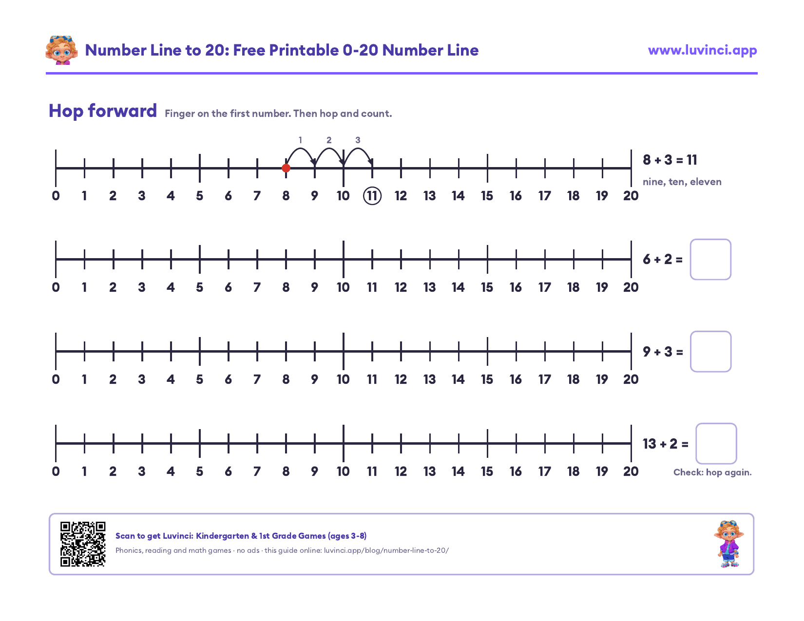 Counting on a number line to 20: 8 + 3 shown as three hops with arrows from 8 to 11, and three lines to try