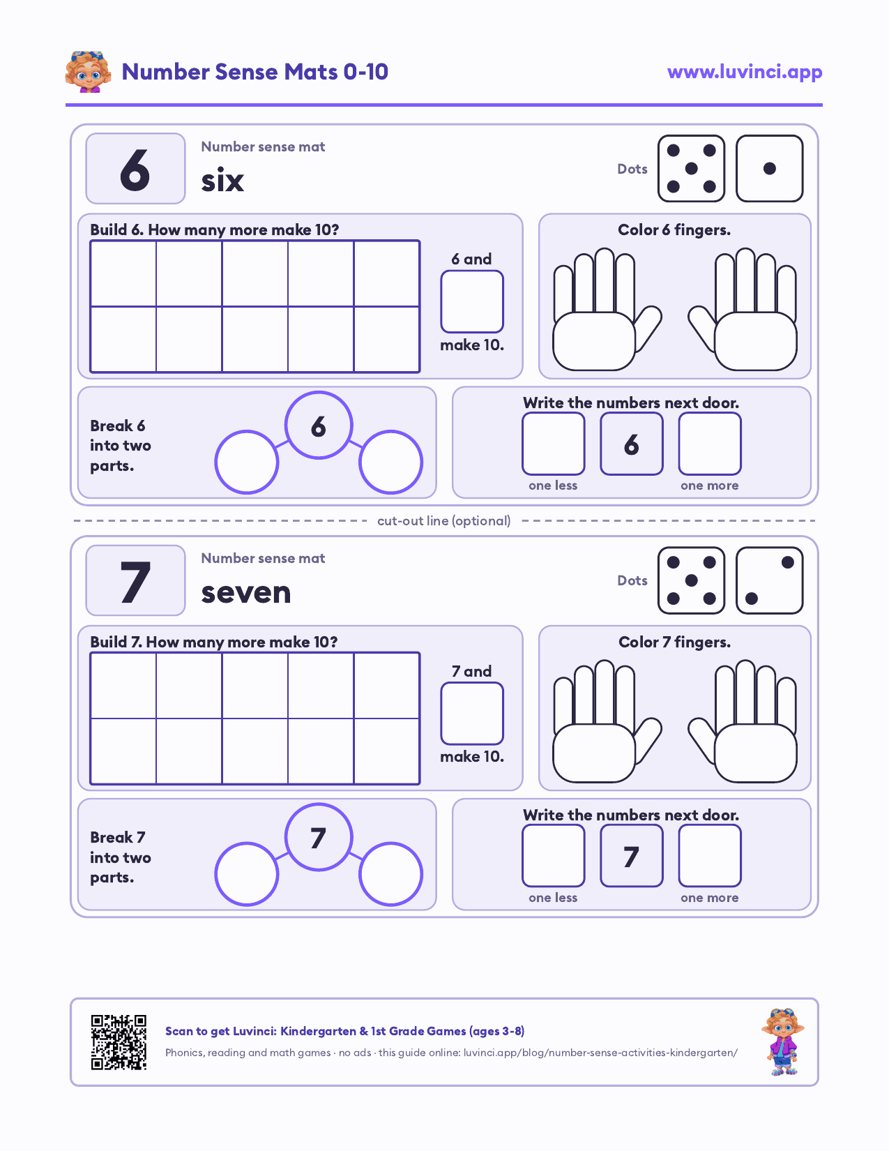 Number sense mats for 6 and 7: dots, a ten frame to build on, how many more make 10, hands to color, two parts to fill and the numbers next door