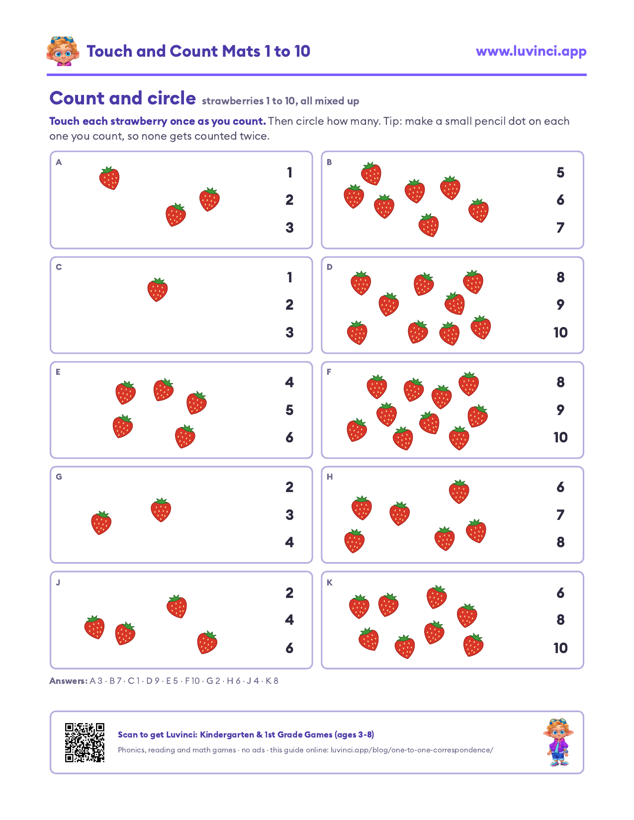 Count and circle worksheet: ten cards with 1 to 10 scattered strawberries, touch each one and circle how many