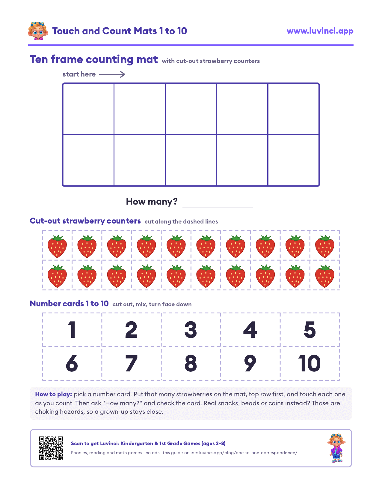 Ten frame counting mat with 20 cut-out strawberry counters and cut-out number cards 1 to 10