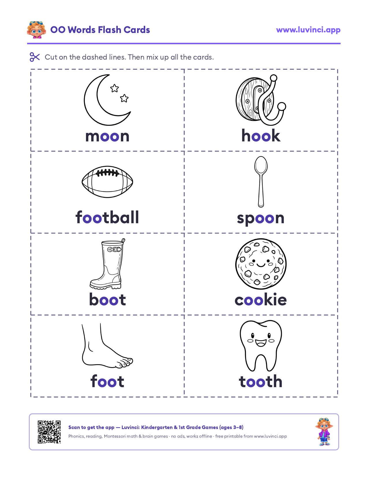 OO words flash cards: picture cards for moon-sound and book-sound words, like moon, hook, spoon and cookie
