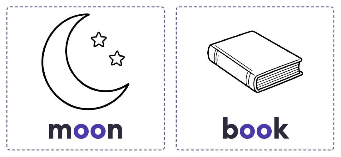 Long oo as in moon and short oo as in book: two picture cards with the oo in purple