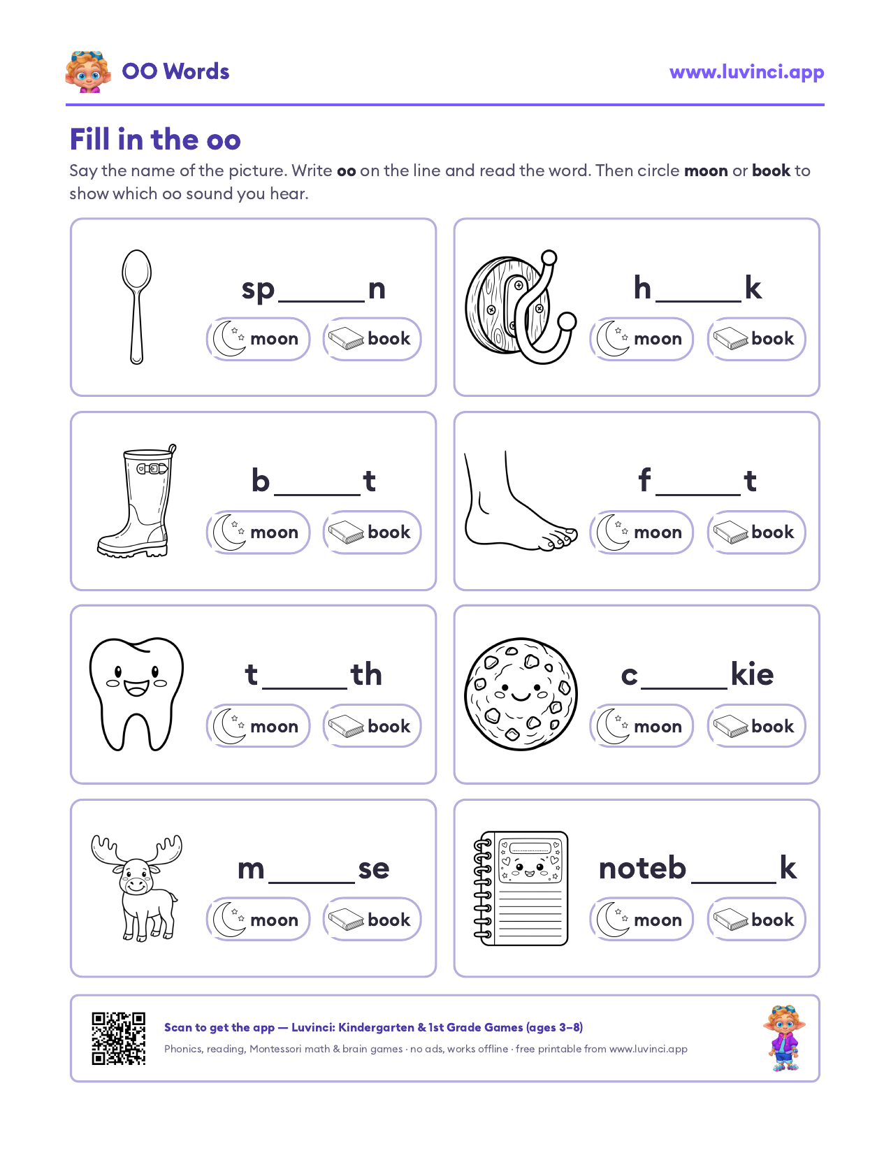 OO words worksheet: write the missing oo next to each picture, like sp_n and h_k, then circle moon or book