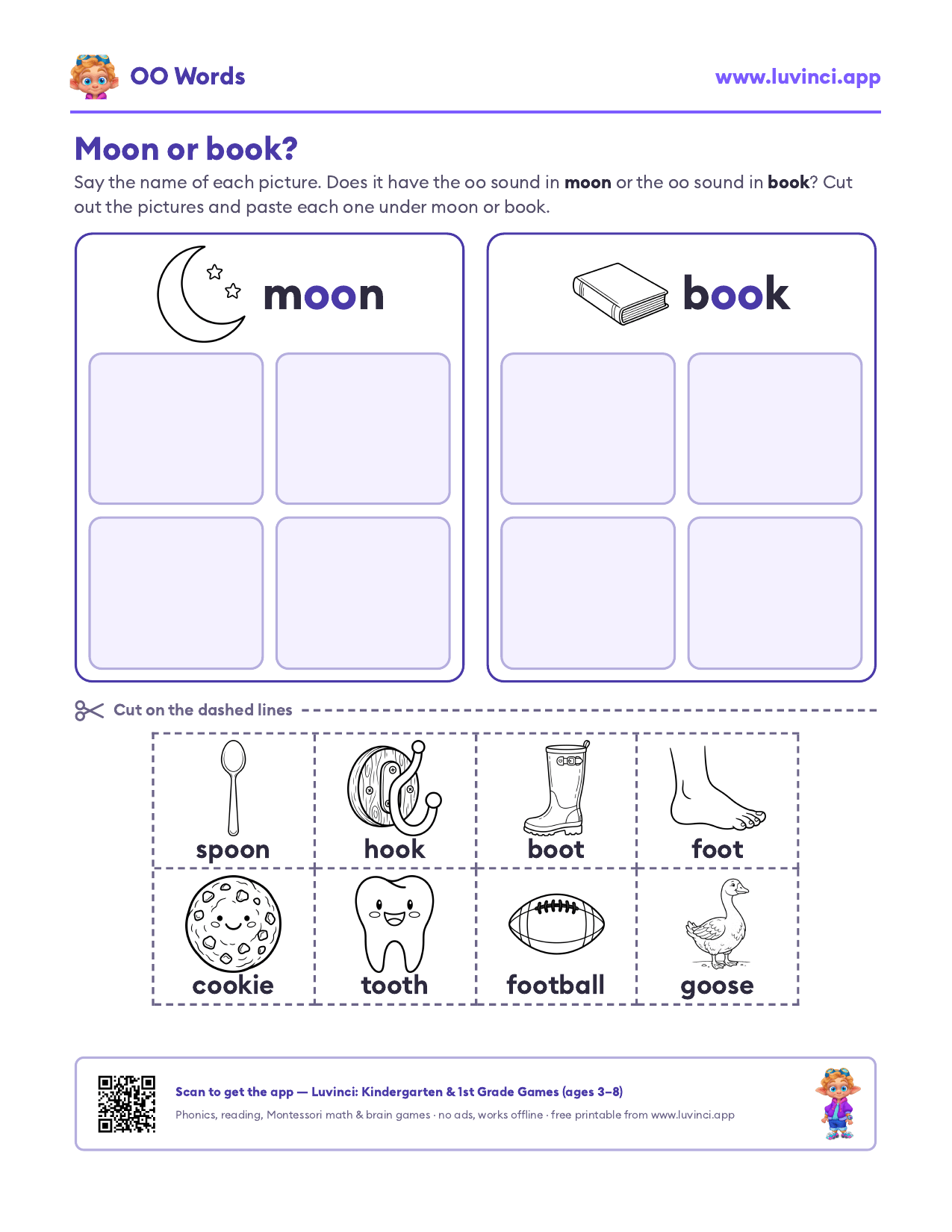 OO words worksheet: a moon or book picture sort, with spoon, hook, boot, foot, cookie, tooth, football and goose to cut out and paste under moon or book