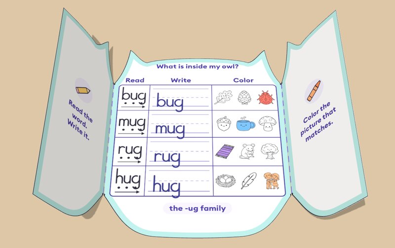 Owl word family craft open: What is inside my owl? with bug, mug, rug and hug to read, write and color