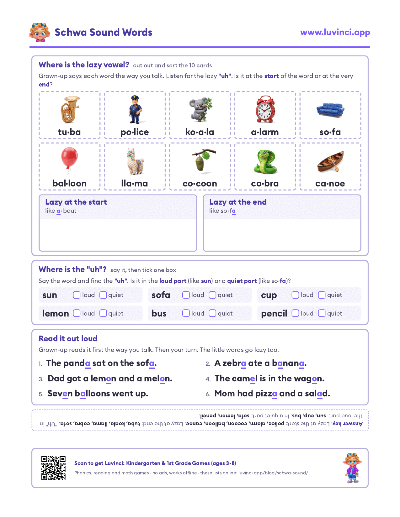 Schwa worksheet: picture sort and read-aloud sentences