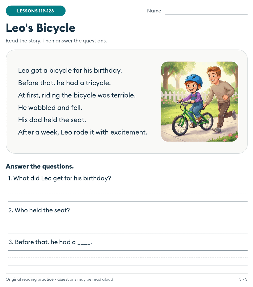 Reading comprehension worksheet for 2nd graders: Leo's Bicycle, six sentences with bicycle, tricycle and excitement, a picture of a dad holding the seat while a boy rides, and three questions
