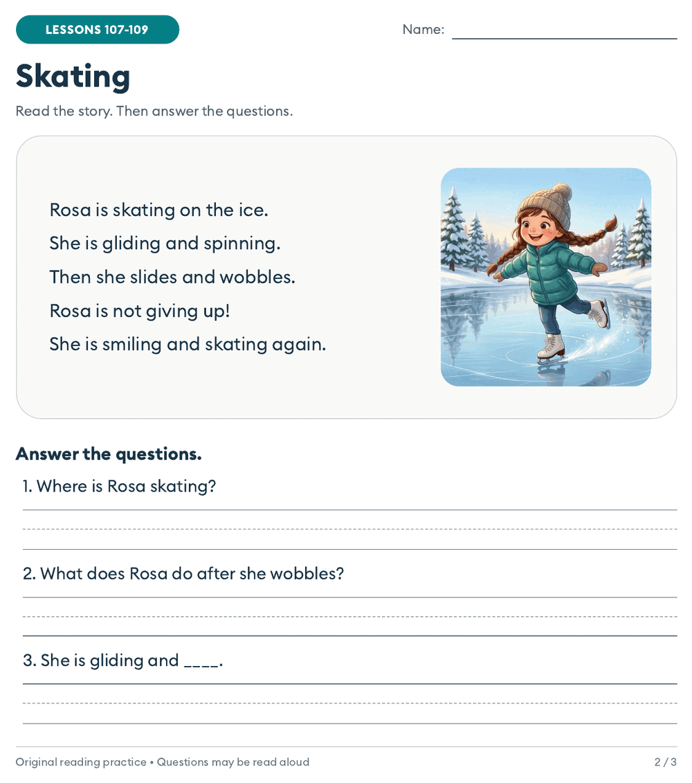 Second grade reading worksheet: Skating, a five-sentence story with gliding, spinning and wobbles, a picture of a girl skating on a frozen pond, and three comprehension questions