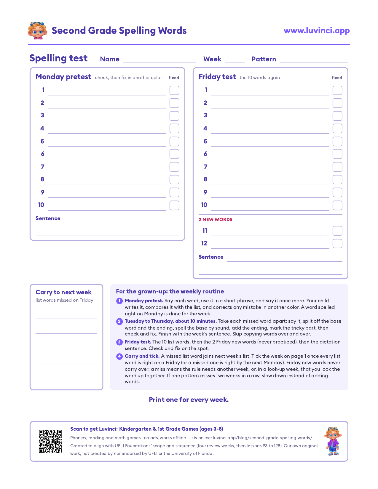 Printable spelling test sheet for 2nd graders: Monday pretest, Friday test with two new words, and words to carry over