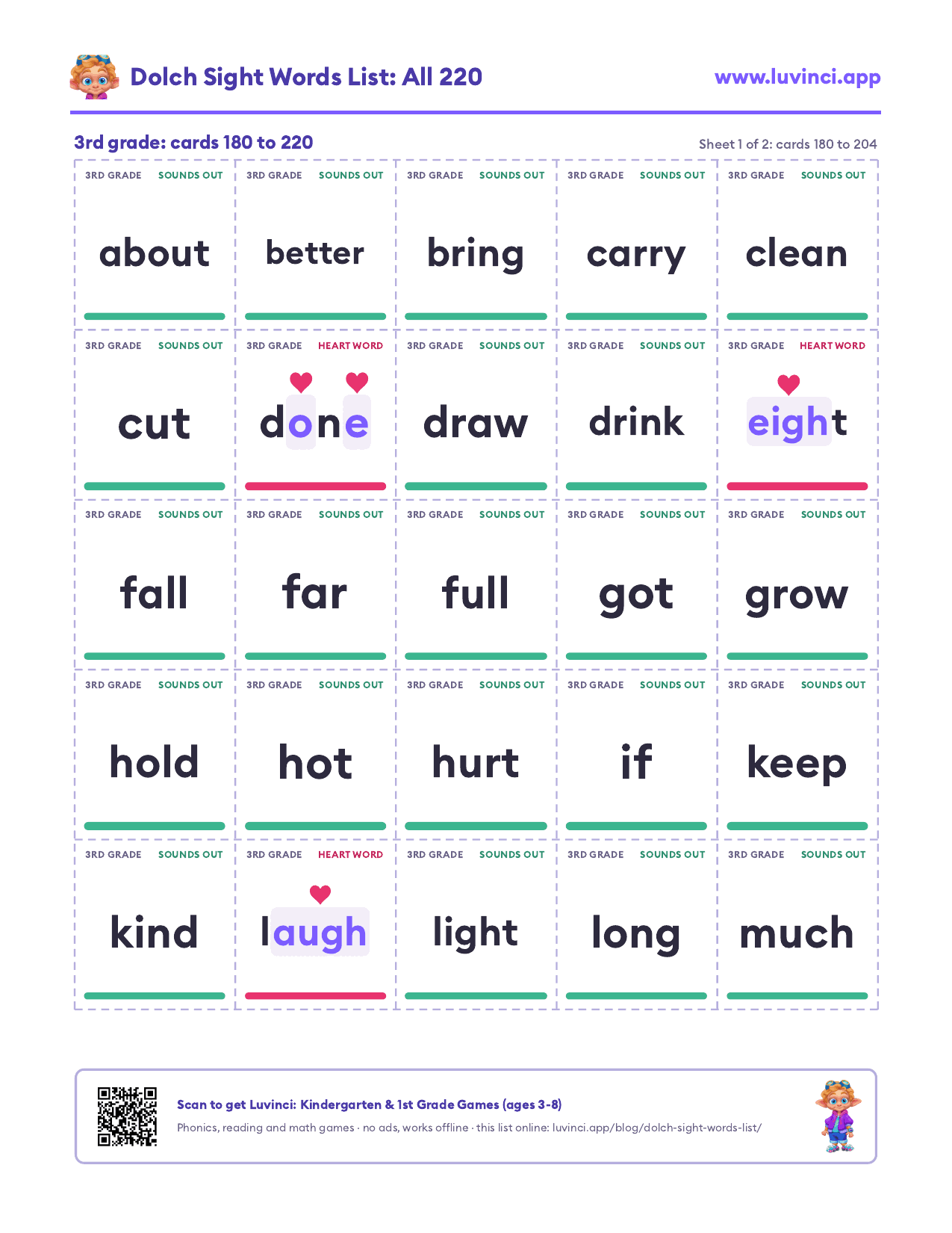 Dolch flash cards for 3rd grade: printable Dolch sight word cards, green cards sound out, pink cards are heart words