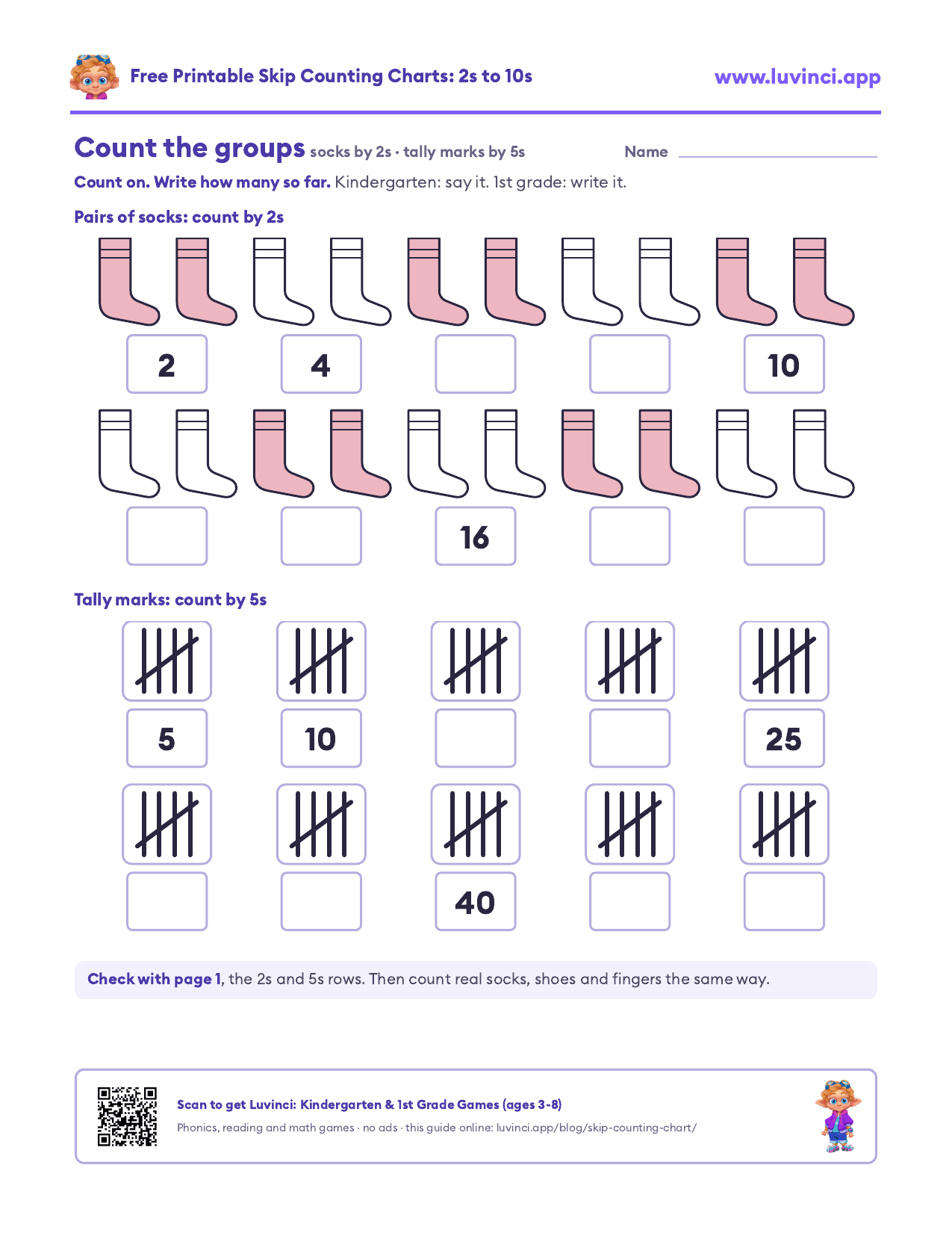 Count the groups: 10 pairs of socks counted by 2s and 10 bundles of tally marks counted by 5s, with some totals to fill in
