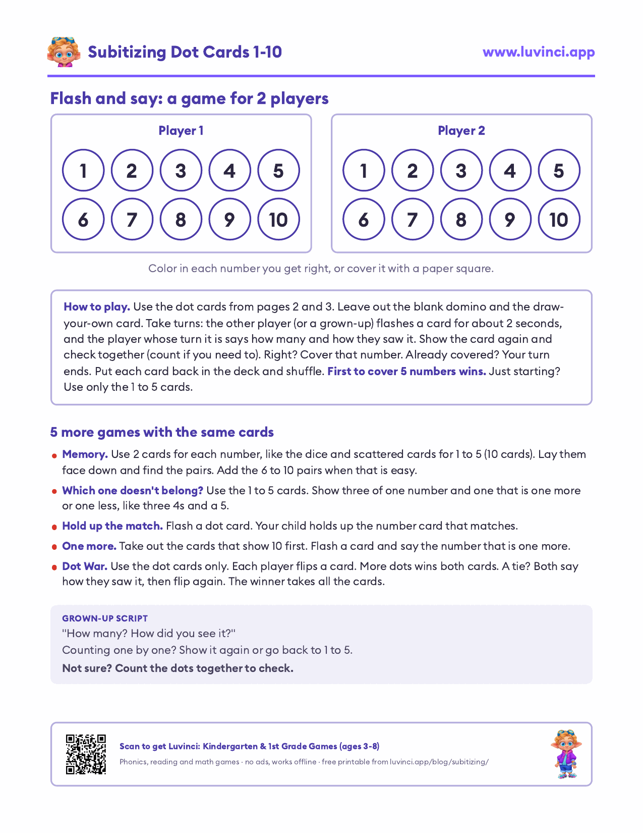 Flash and say game board for 2 players: numbers 1 to 10 laid out like a ten frame for each player, the rules, 5 more dot card games and a grown-up script