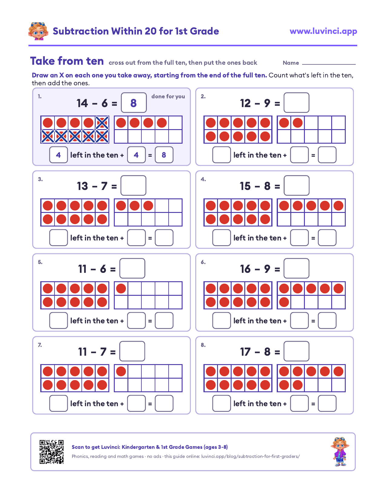 Subtraction worksheets for first graders: take from ten, eight problems within 20 on two ten frames, cross out from the full ten and put the ones back