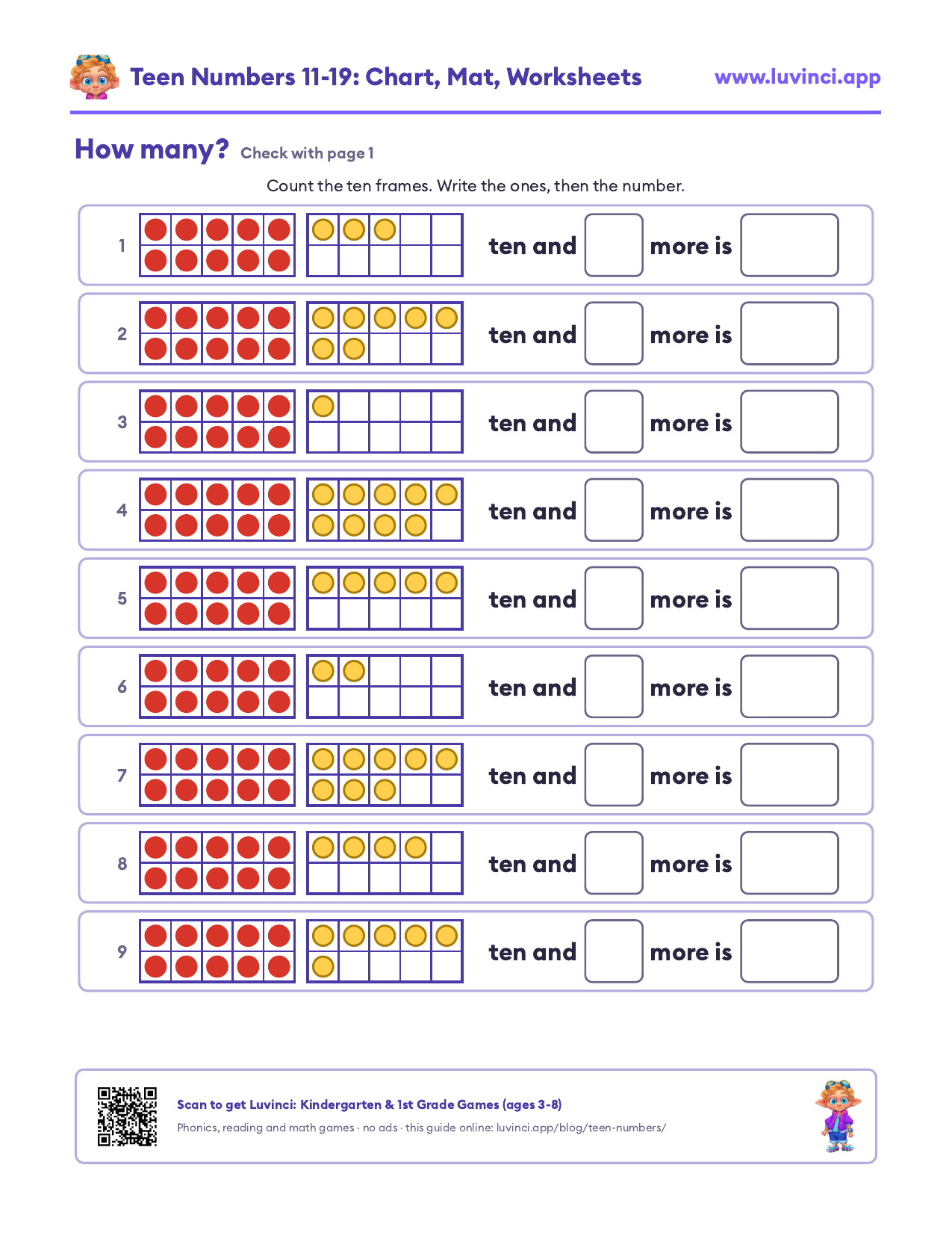 Teen number worksheet: count the counters on two ten frames and write ten and some more for 11 to 19