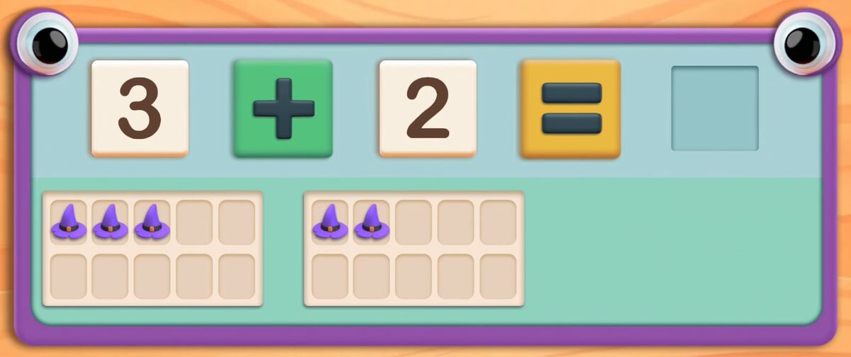 Luvinci Singapore Math addition board: 3 + 2 with 3 hat pictures on one ten frame, 2 on another and an empty answer box