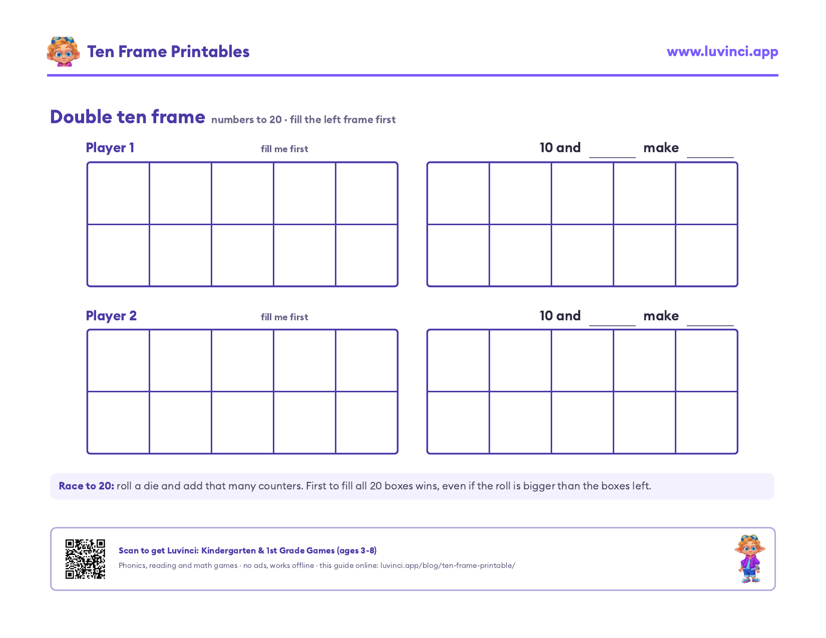 Double ten frame printable for numbers 0 to 20: two double ten frames stacked on a landscape page, one for each player, fill the left frame first