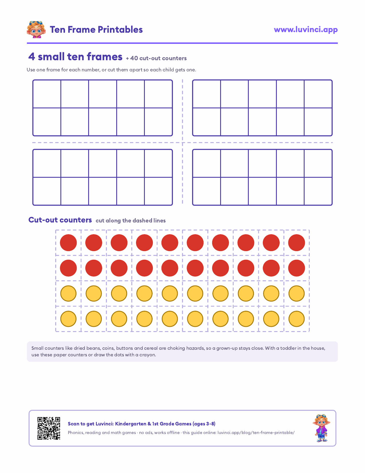 Blank ten frame printable: 4 small ten frames on one page with cut-out paper counters in red and yellow