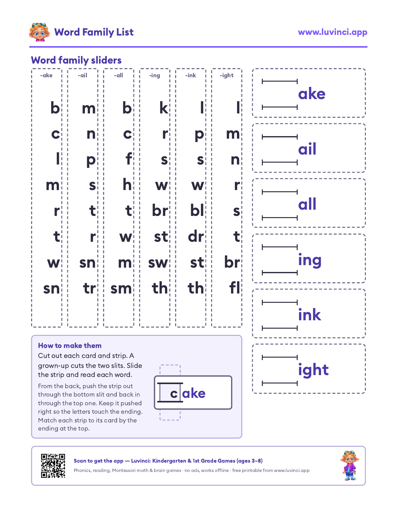 Word family sliders to cut out: -ake, -ail, -all, -ing, -ink, -ight