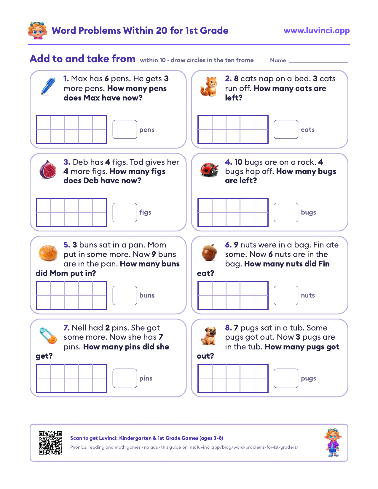 Picture word problems within 10: add to and take from stories with a ten-frame box to draw circles in