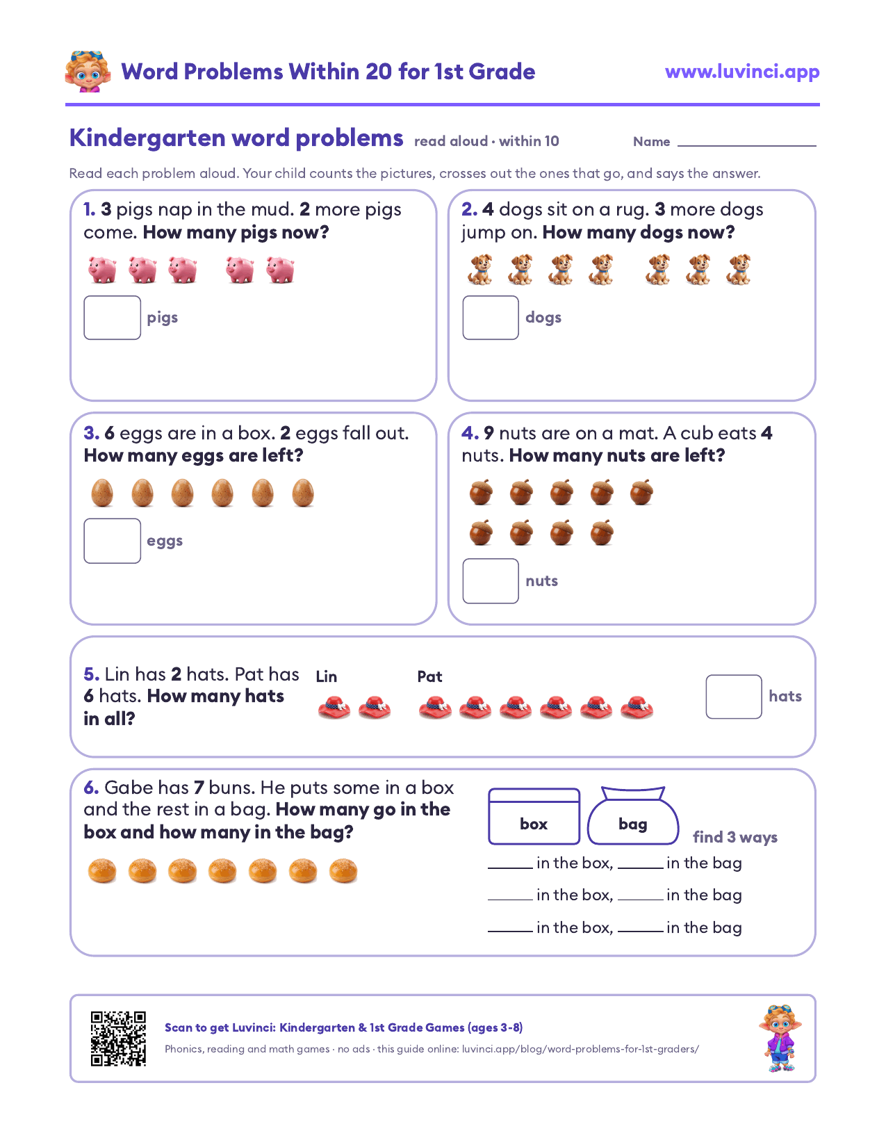 Kindergarten word problems worksheet with pictures: 6 read-aloud problems within 10 to count and solve