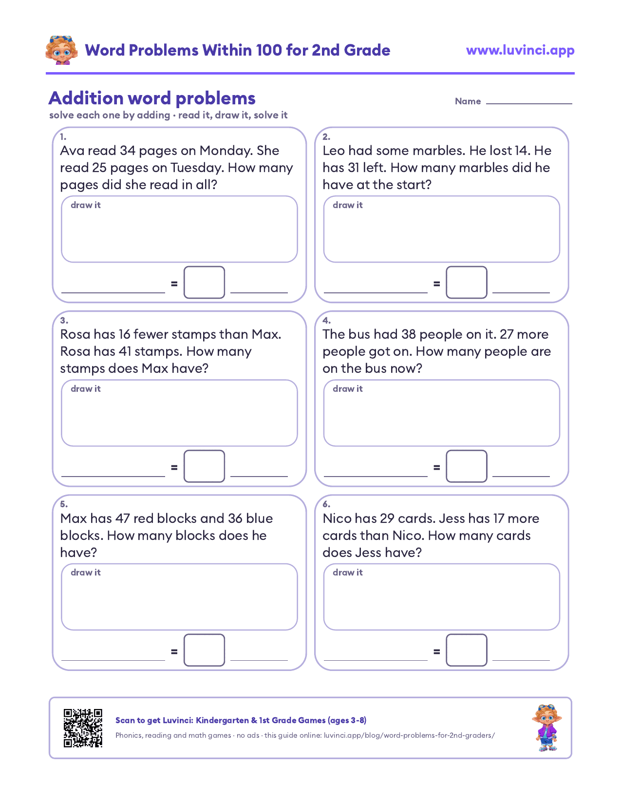 Addition word problems for 2nd graders within 100: 6 problems, each with a box to draw a tape diagram and an answer line
